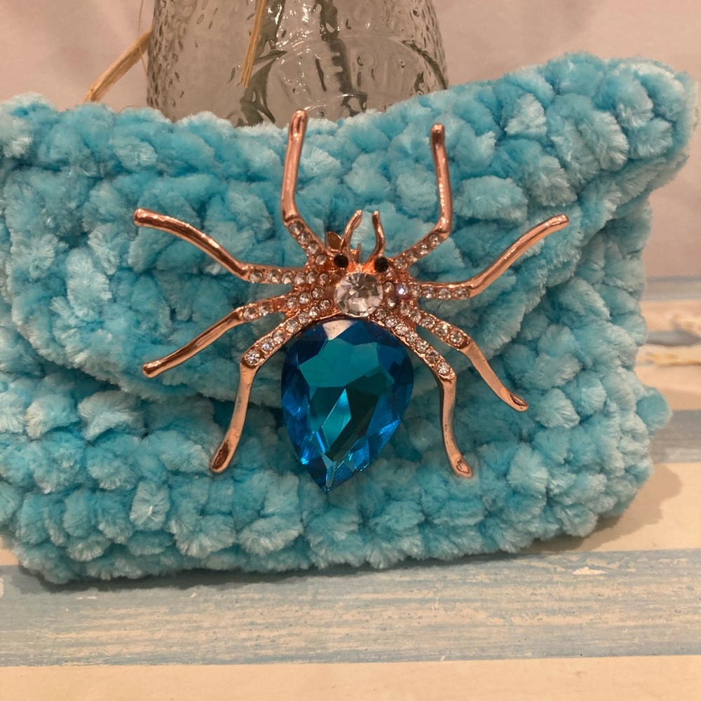 Rose Gold Tone Spider Brooch with Blue Crystal Accent 👙